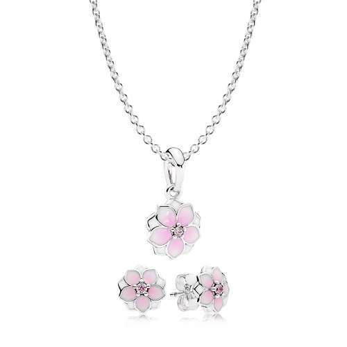 NEW Book Di 925 Sterling Silver Magnolia Bloom Necklace and Earring Set fit charm original Necklace Women jewelry A Set