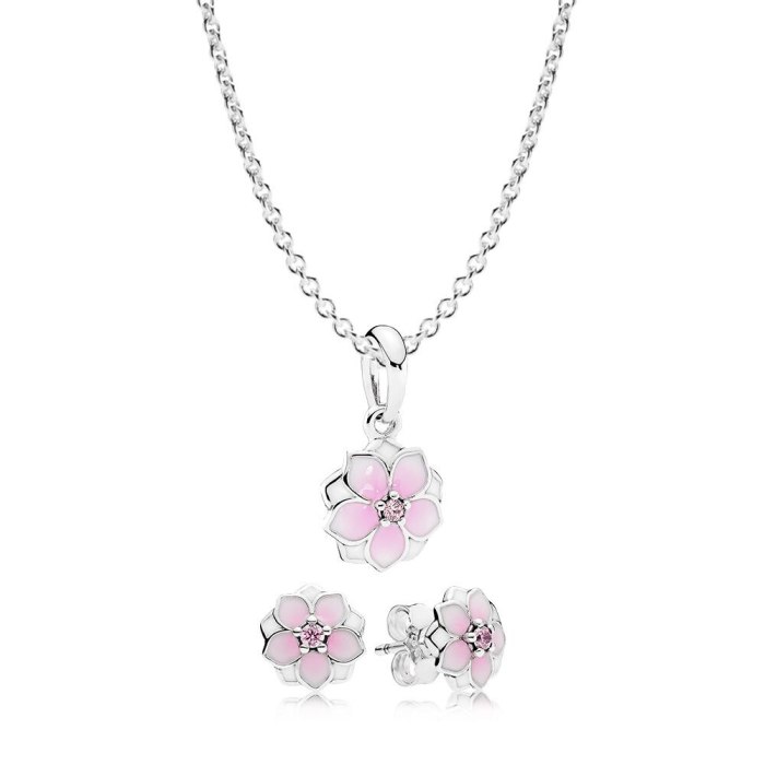 NEW Book Di 925 Sterling Silver Magnolia Bloom Necklace and Earring Set fit charm original Necklace Women jewelry A Set