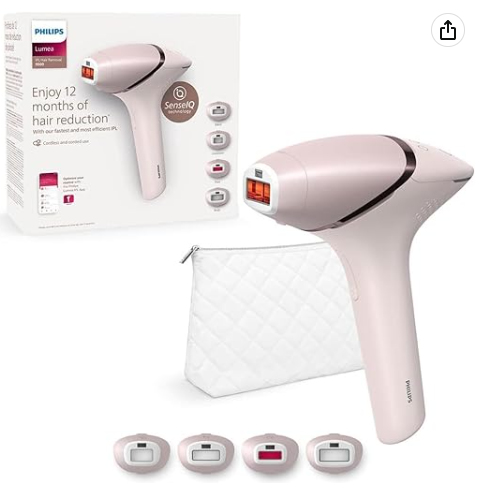 Philips 9000 series Lumia IPL hair removal machine BRI957 is lightweight and wireless, providing long-lasting smooth skin. It includes 4 hair removal accessories for the body, face, armpits, bikini area, and armpits, with a light pink color