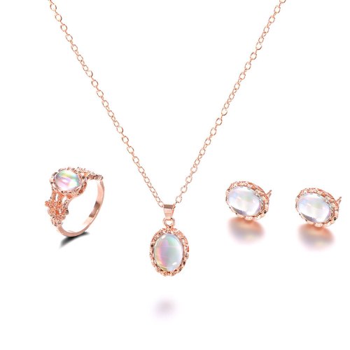 White Women Dazzling Artificial Stone Trend Ring Necklace Earring Set Ladies Fashion Geometric Metal Jewelry Necklace Set Choker