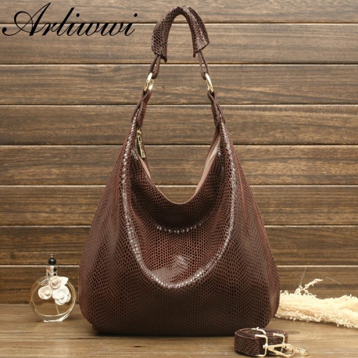 Arliwwi 100% Genuine Leather Shiny Serpentine Shoulder Bags Big Casual Soft Real Snake Embossed Skin Big Bag Handbags Women GB02