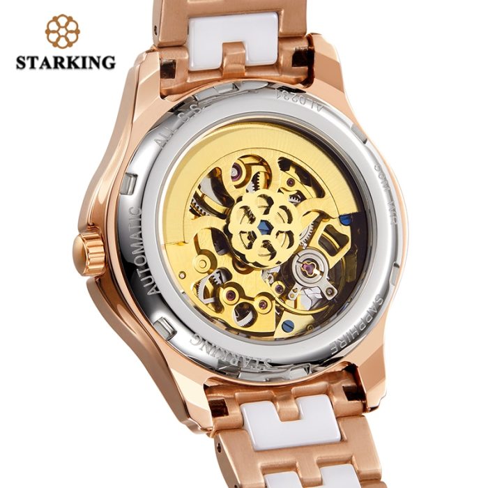 STARKING 34mm Automatic Watch Rose Gold Steel Case Vogue Dress Watches Skeleton Transparent Watch Women Mechanical Wristwatches