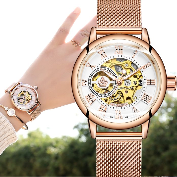 New Fashion Luxury Brand Skeleton Women Mechanical Watch Female Clock Automatic Mechanical Watches For Women Silver Montre Femme