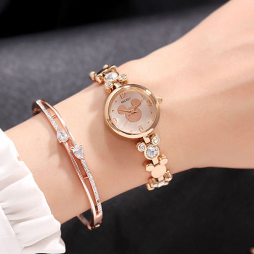 Genuine Disney Ladies Women's Watches Mickey Avatar Shaped Watch Chain Diamond Clock Student Girl Wrist Watch With Box