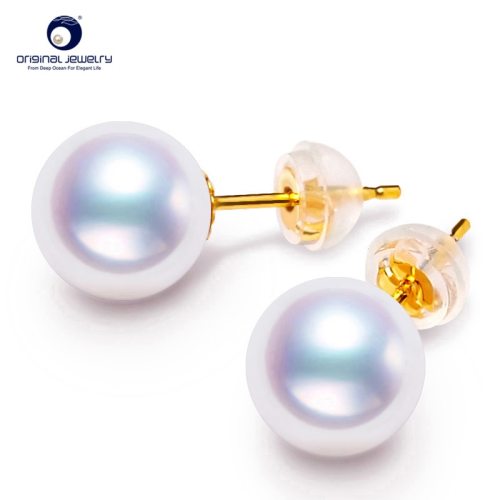 [YS] 18k Gold Stud Earring 6-9 mm White Japanese Akoya Pearl Earrings Bridal Fine Jewelry