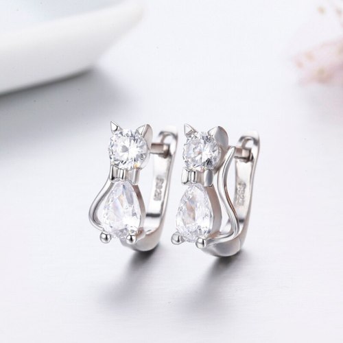Cute Kitty Kitten Cat CZ 925 Sterling Silver Gatos Small Loop Huggies U Hoop Earrings For Kids Baby Girls Children Jewelry Aros