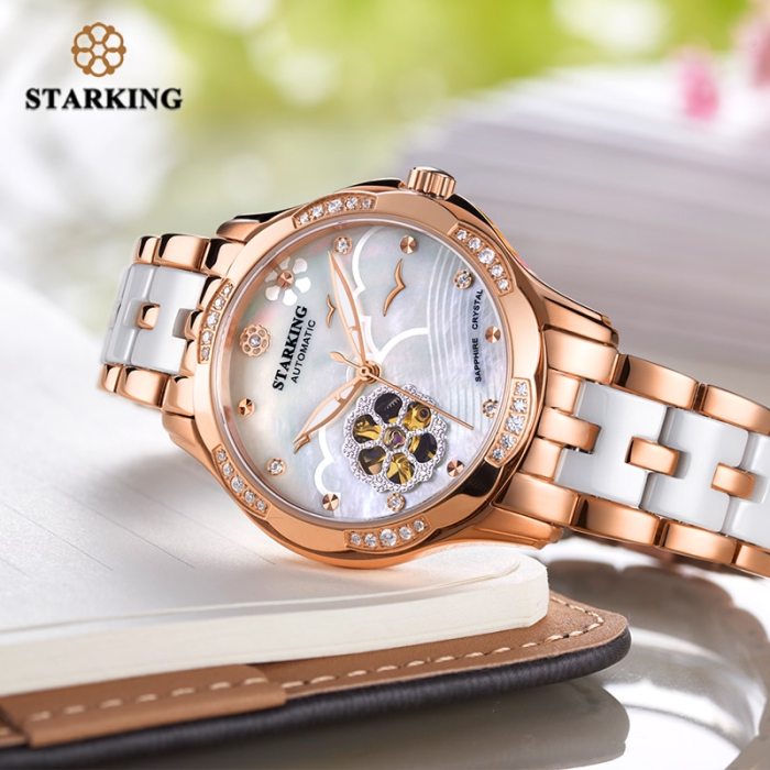 STARKING 34mm Automatic Watch Rose Gold Steel Case Vogue Dress Watches Skeleton Transparent Watch Women Mechanical Wristwatches