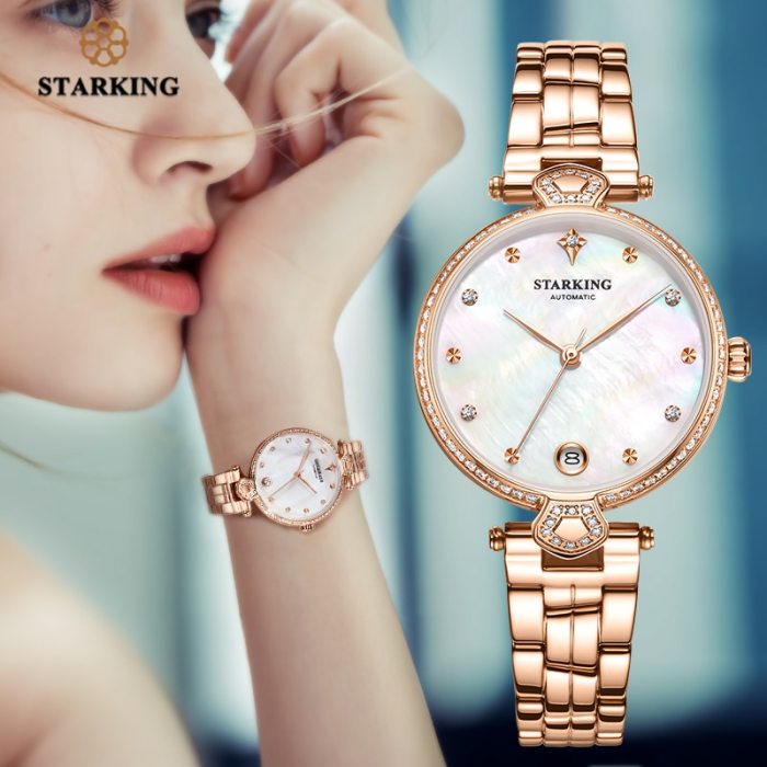 STARKING Luxury Women Watches Rose Gold Stainless Steel Diamond Ladies Watches Gift Automatic Mechanical montre femme Waterproof
