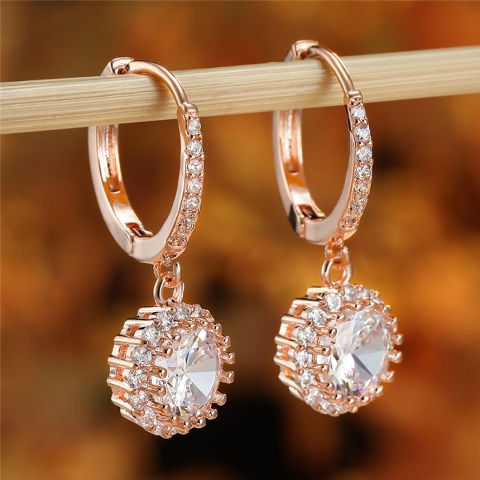 Female Luxury White Zircon Hoop Earrings Classic Rose Gold Color Wedding Earrings Trendy Bride Round Crystal Earrings For Women