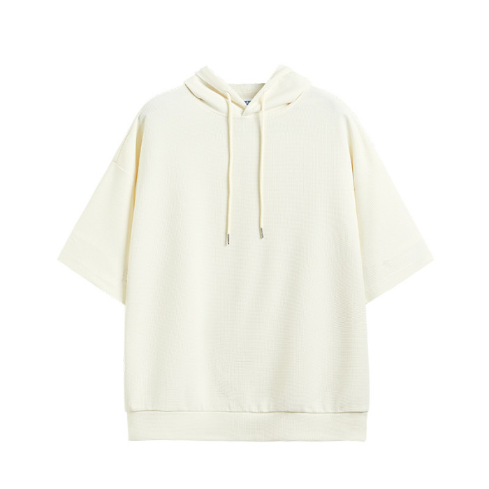 Men Women Waffle Hood Short Sleeve T-shirt Pullover Tops Sweatshirt Unisex Tee Casual T-shirt