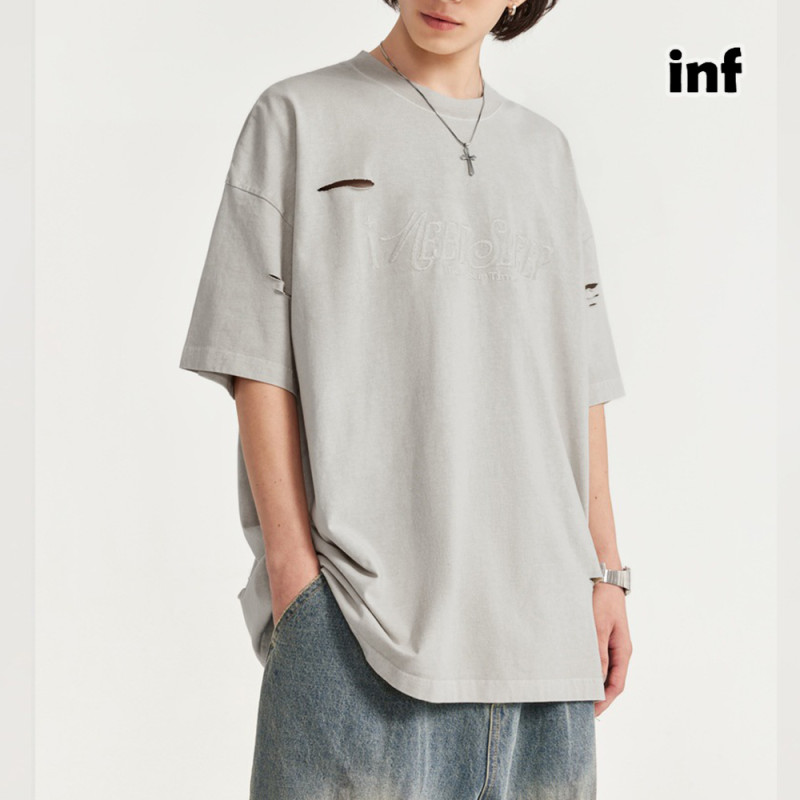 Men Women Broken Hole Embroidery T-shirt Short Sleeve Pullover Tops Sweatshirt Unisex Tee Casual T-shirt