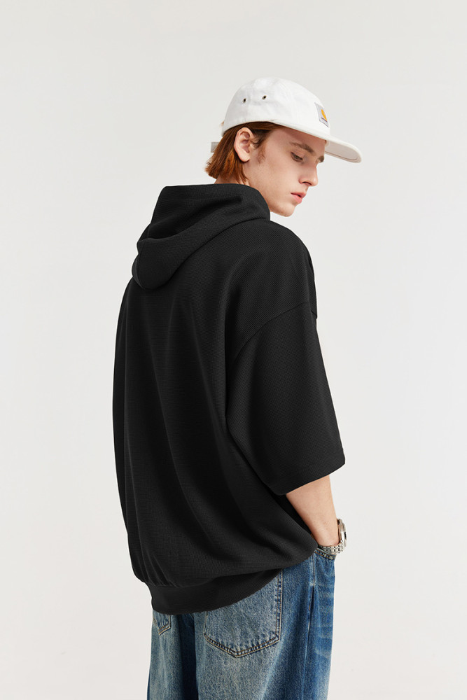 Men Women Waffle Hood Short Sleeve T-shirt Pullover Tops Sweatshirt Unisex Tee Casual T-shirt