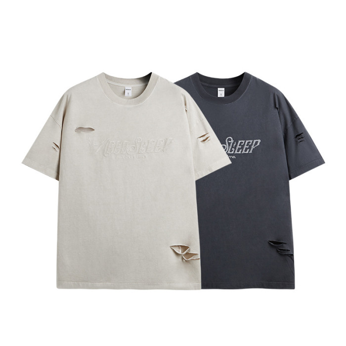 Men Women Broken Hole Embroidery T-shirt Short Sleeve Pullover Tops Sweatshirt Unisex Tee Casual T-shirt