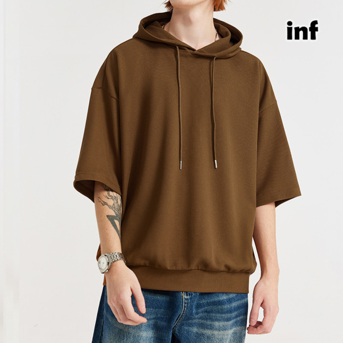 Men Women Waffle Hood Short Sleeve T-shirt Pullover Tops Sweatshirt Unisex Tee Casual T-shirt
