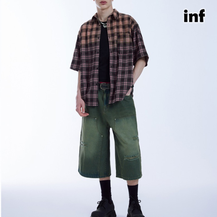 Men Women Gradient Plaid Shirt Short Sleeved Shirt Tops Sweatshirt Unisex Tee Casual Shirt