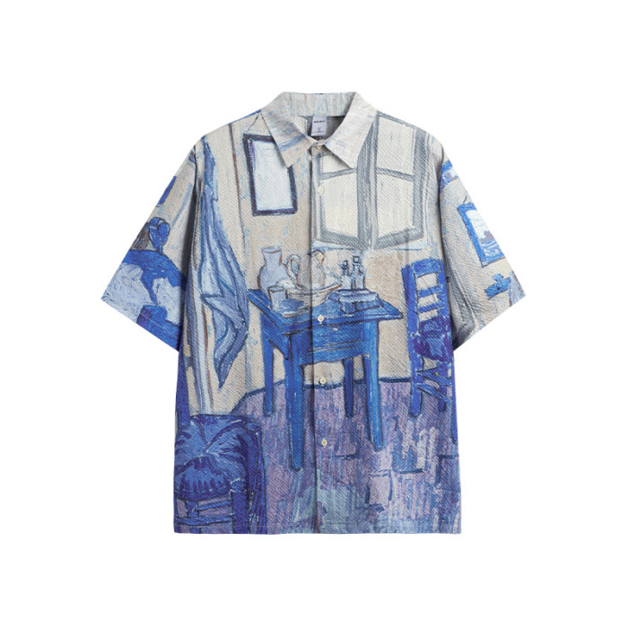 Men Women Seersucker Shirt Short Sleeved Shirt Tops Sweatshirt Unisex Tee Casual Shirt