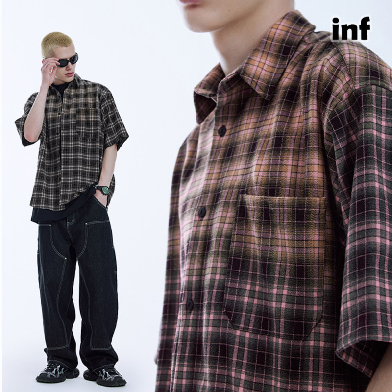 Men Women Gradient Plaid Shirt Short Sleeved Shirt Tops Sweatshirt Unisex Tee Casual Shirt