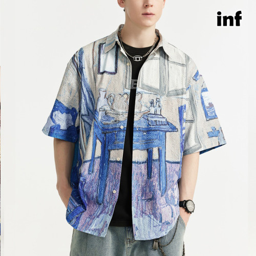 Men Women Seersucker Shirt Short Sleeved Shirt Tops Sweatshirt Unisex Tee Casual Shirt