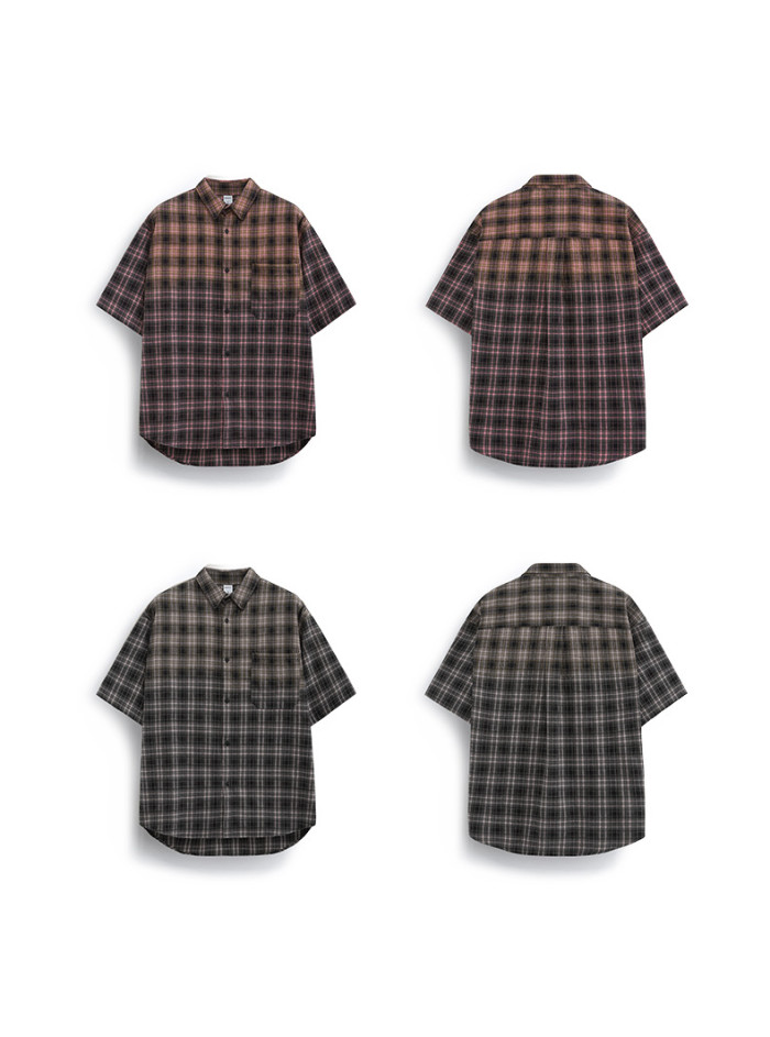 Men Women Gradient Plaid Shirt Short Sleeved Shirt Tops Sweatshirt Unisex Tee Casual Shirt