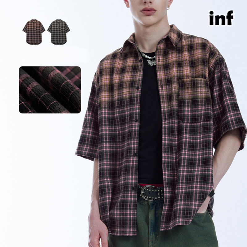 Men Women Gradient Plaid Shirt Short Sleeved Shirt Tops Sweatshirt Unisex Tee Casual Shirt