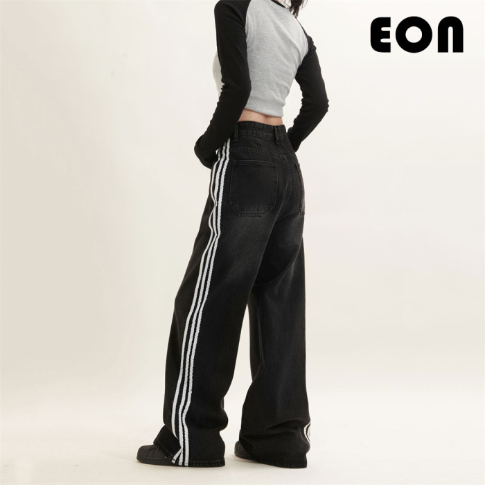 Women Hip Hop Wiped Color Wide-leg Jeans Bottoms Pants Trousers Outfits Casual Jeans