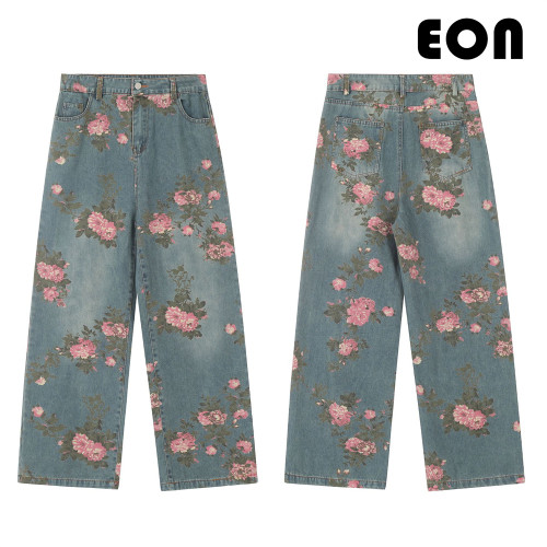 Women Hip Hop Wiped Color Wide-leg Jeans Bottoms Pants Trousers Outfits Casual Jeans