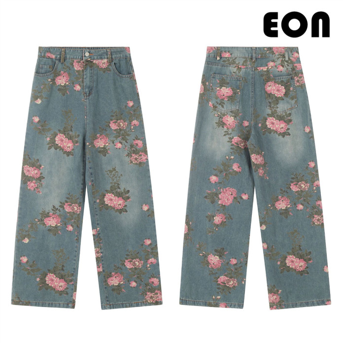 Women Hip Hop Wiped Color Wide-leg Jeans Bottoms Pants Trousers Outfits Casual Jeans