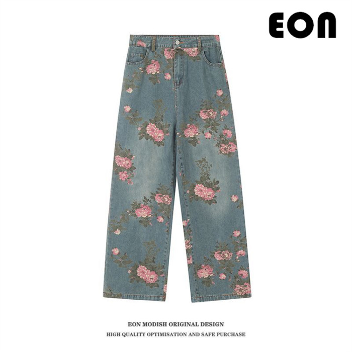 Women Hip Hop Wiped Color Wide-leg Jeans Bottoms Pants Trousers Outfits Casual Jeans