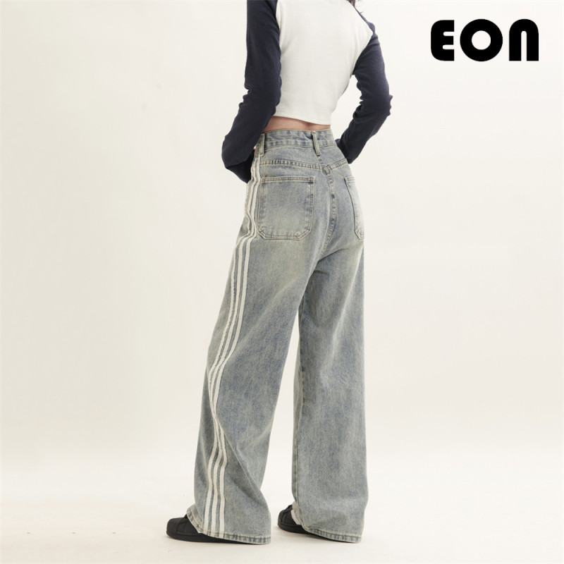 Women Hip Hop Wiped Color Wide-leg Jeans Bottoms Pants Trousers Outfits Casual Jeans