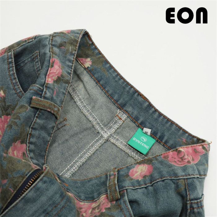 Women Hip Hop Wiped Color Wide-leg Jeans Bottoms Pants Trousers Outfits Casual Jeans