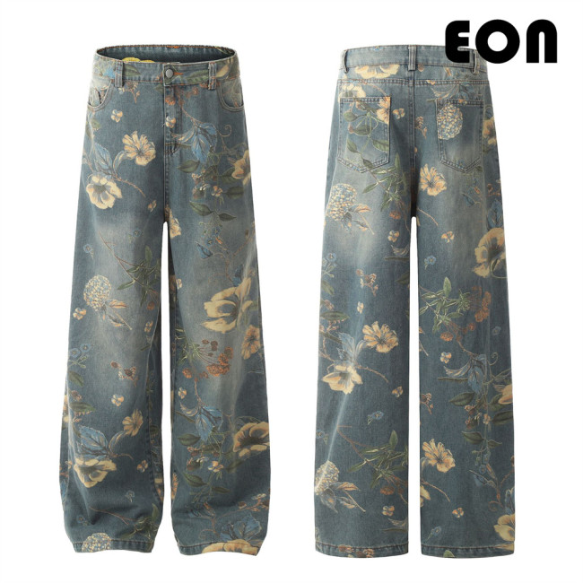 Women Vintage Ripped Wide-leg Jeans Bottoms Pants Trousers Outfits Casual Jeans