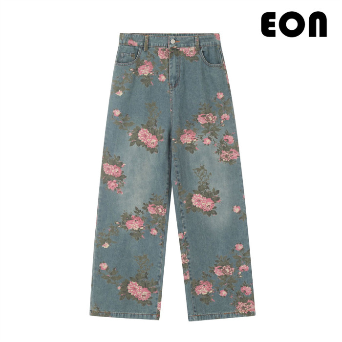 Women Hip Hop Wiped Color Wide-leg Jeans Bottoms Pants Trousers Outfits Casual Jeans