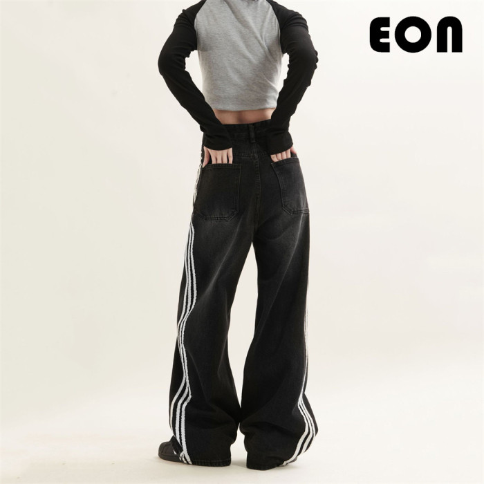Women Hip Hop Wiped Color Wide-leg Jeans Bottoms Pants Trousers Outfits Casual Jeans