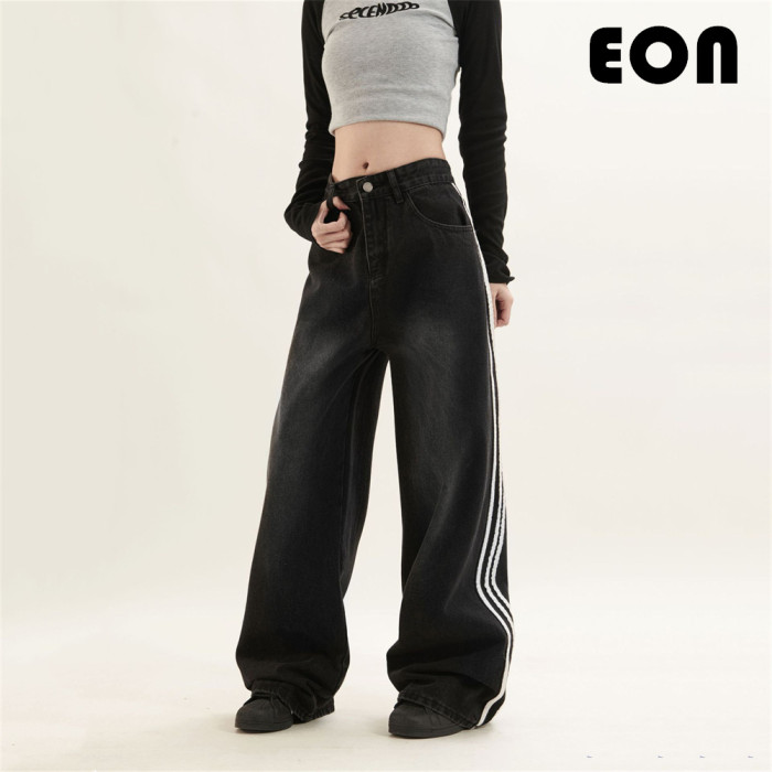 Women Hip Hop Wiped Color Wide-leg Jeans Bottoms Pants Trousers Outfits Casual Jeans