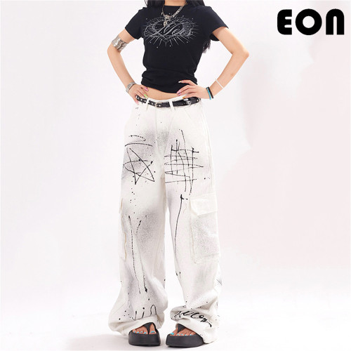 Women Vintage Ripped Wide-leg Jeans Bottoms Pants Trousers Outfits Casual Jeans