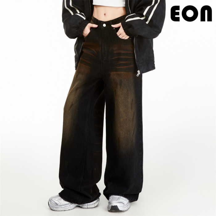 Women Hip Hop Wiped Color Wide-leg Jeans Bottoms Pants Trousers Outfits Casual Jeans