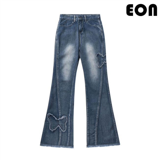 Women Vintage Ripped Wide-leg Jeans Bottoms Pants Trousers Outfits Casual Jeans