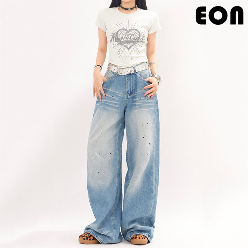 Women Vintage Ripped Wide-leg Jeans Bottoms Pants Trousers Outfits Casual Jeans