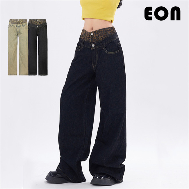 Women Hip Hop Wiped Color Wide-leg Jeans Bottoms Pants Trousers Outfits Casual Jeans