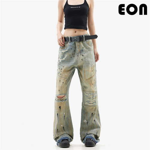 Women Vintage Ripped Wide-leg Jeans Bottoms Pants Trousers Outfits Casual Jeans