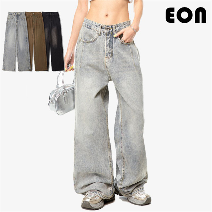 Women Hip Hop Wiped Color Wide-leg Jeans Bottoms Pants Trousers Outfits Casual Jeans