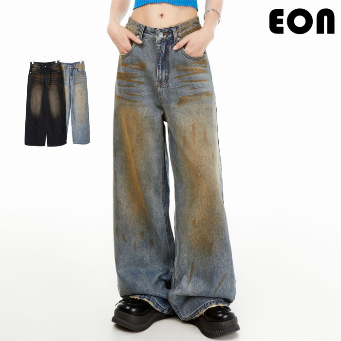 Women Hip Hop Wiped Color Wide-leg Jeans Bottoms Pants Trousers Outfits Casual Jeans