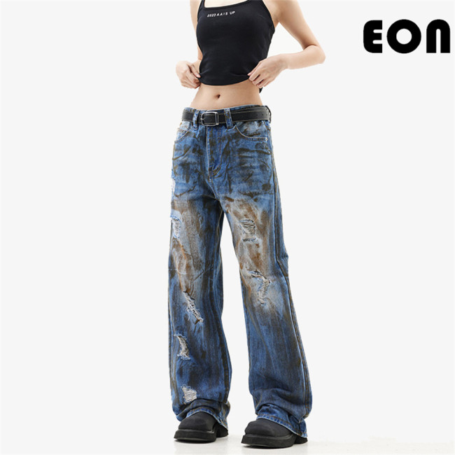 Women Hip Hop Wiped Color Wide-leg Jeans Bottoms Pants Trousers Outfits Casual Jeans