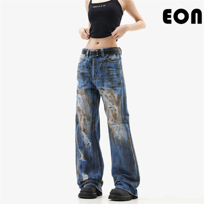 Women Hip Hop Wiped Color Wide-leg Jeans Bottoms Pants Trousers Outfits Casual Jeans