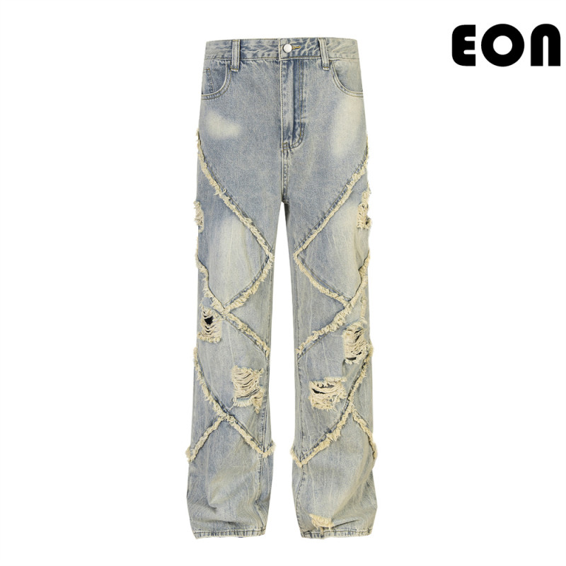 Women Hip Hop Wiped Color Wide-leg Jeans Bottoms Pants Trousers Outfits Casual Jeans