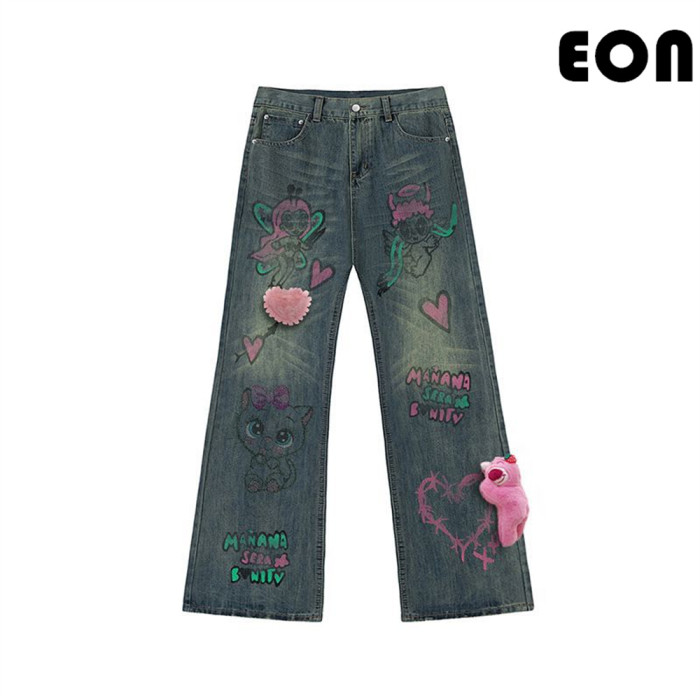 Women Hip Hop Wiped Color Wide-leg Jeans Bottoms Pants Trousers Outfits Casual Jeans