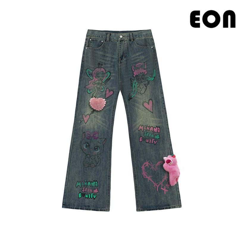 Women Hip Hop Wiped Color Wide-leg Jeans Bottoms Pants Trousers Outfits Casual Jeans