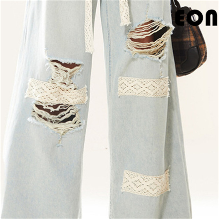 Women Vintage Ripped Wide-leg Jeans Bottoms Pants Trousers Outfits Casual Jeans