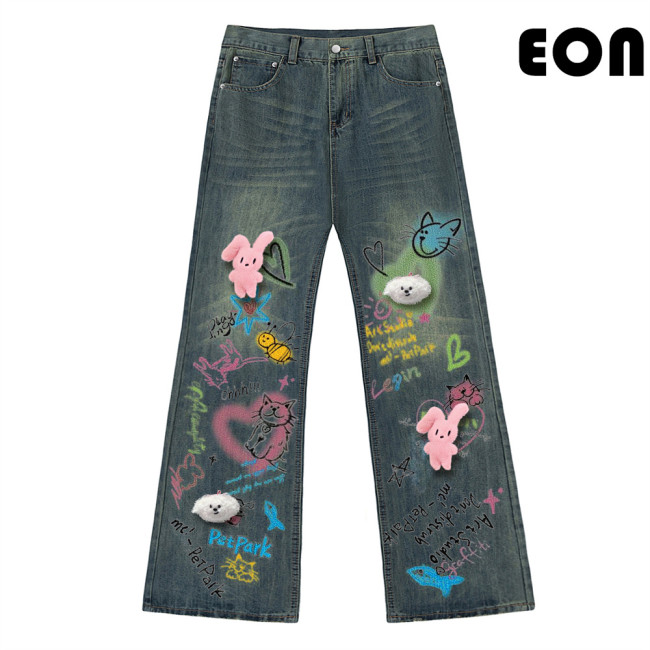 Women Vintage Ripped Wide-leg Jeans Bottoms Pants Trousers Outfits Casual Jeans