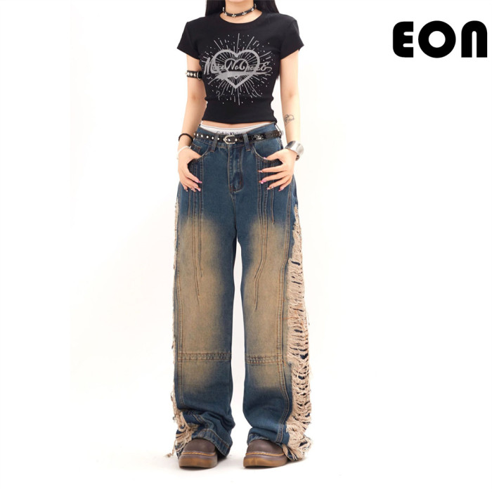 Women Hip Hop Wiped Color Wide-leg Jeans Bottoms Pants Trousers Outfits Casual Jeans